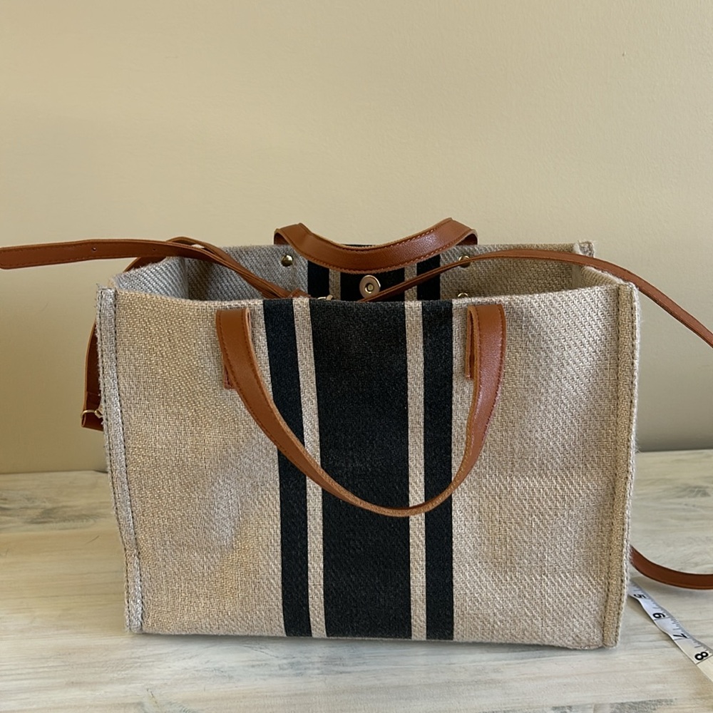 Striped Canvas Tote Handbag / detachable shoulder strap